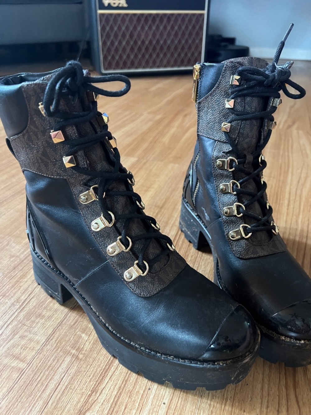 Black Lace-Up Platform Combat Boots with Gold Hardware
